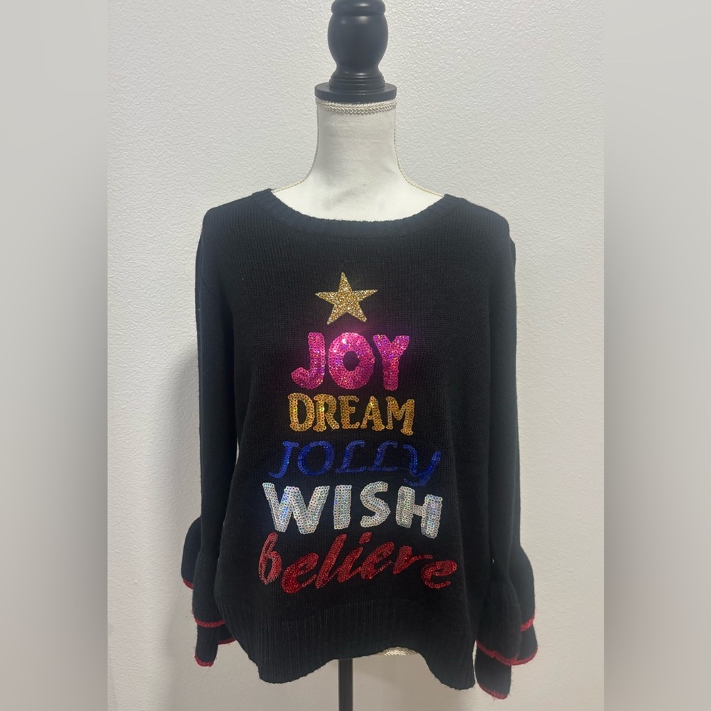 Holiday Festive Black Sweater w/ Sequins & Sparkle multi color Christmas Hanukah